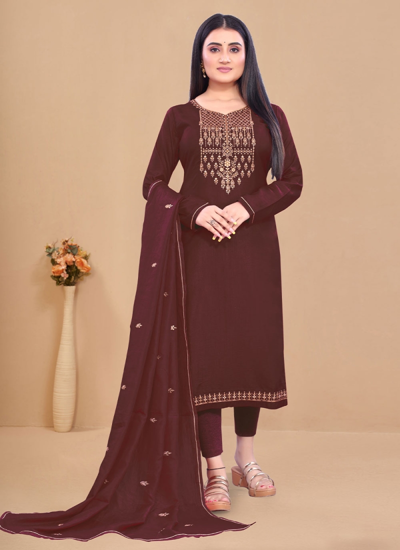 Brown Silk Straight Salwar Suit