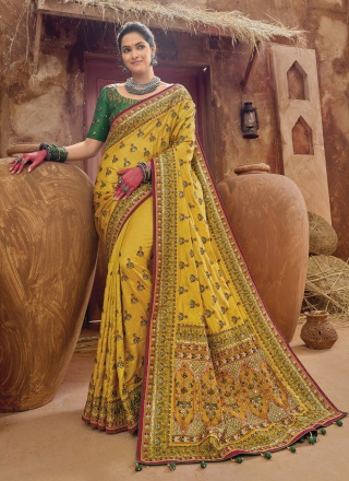 Capricious Yellow Embroidered Banarasi Silk Trendy Saree