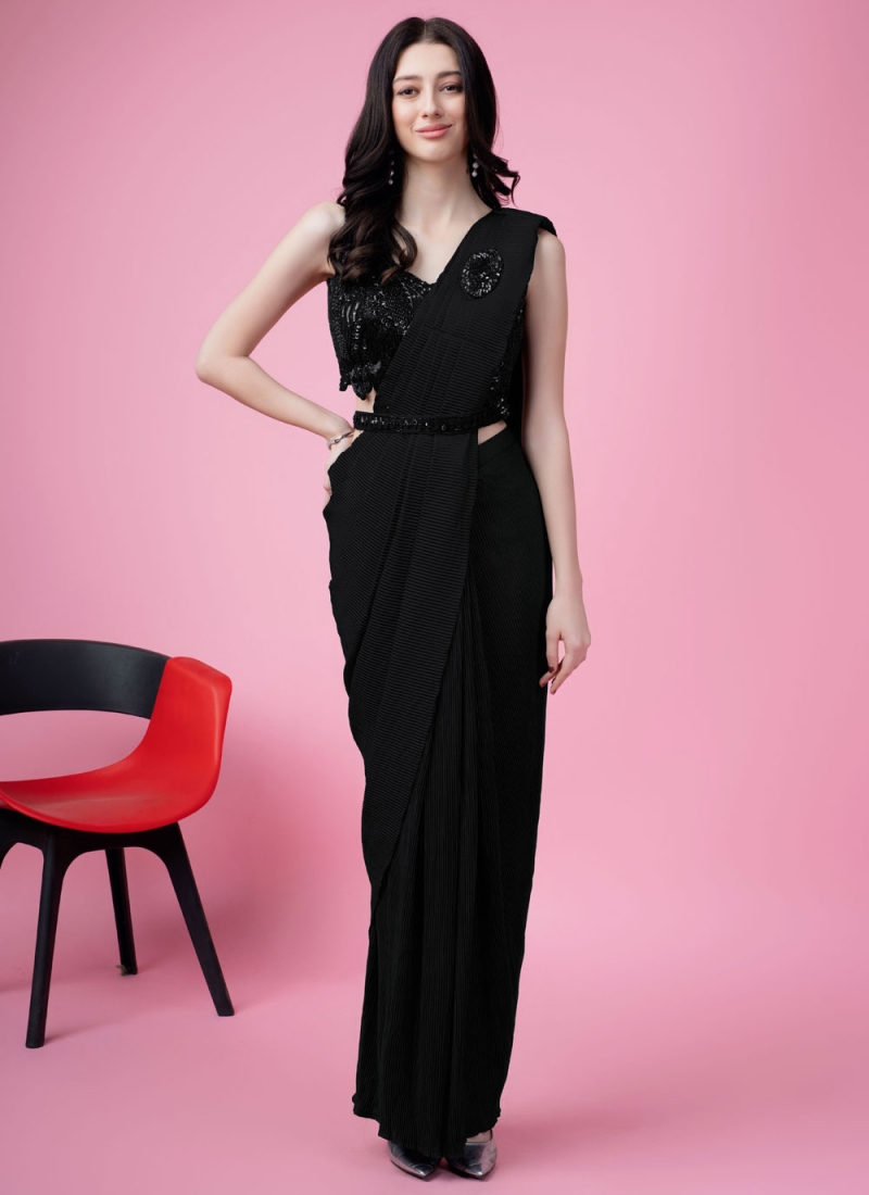 Catchy Black Embroidered Imported Classic Saree
