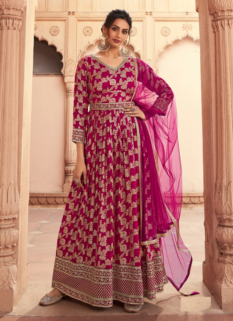 Catchy Silk Embroidered Rani Long Length Anarkali Salwar Suit