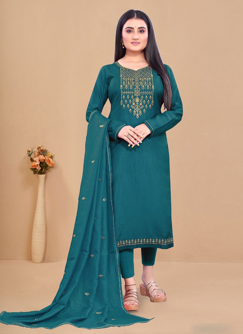 Buy Blue Art Silk Embroidered Straight Salwar Suit Online : Australia -