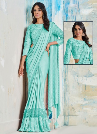 Charming Embroidered Turquoise Contemporary Saree