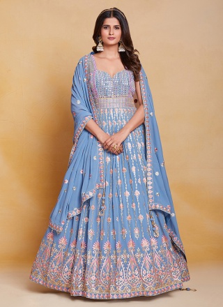 Cherubic Georgette Mirror Aqua Blue Readymade Gown