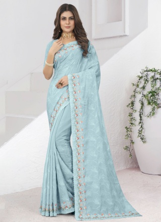 Chic Diamond Aqua Blue Silk Contemporary Saree