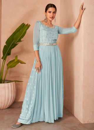 Chiffon Aqua Blue Floor Length Gown