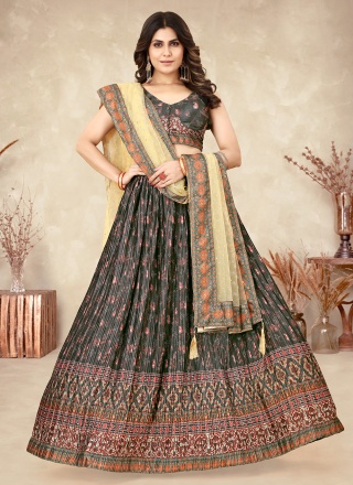 Chiffon Digital Print Green Long Choli Lehenga