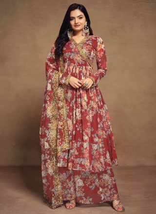 Chiffon Sequins Red Designer Salwar Kameez