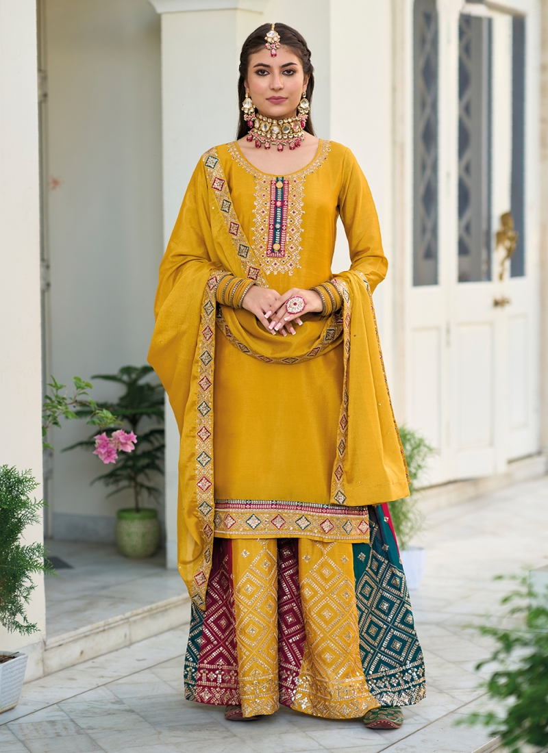 Chinon Embroidered Designer Salwar Kameez in Mustard