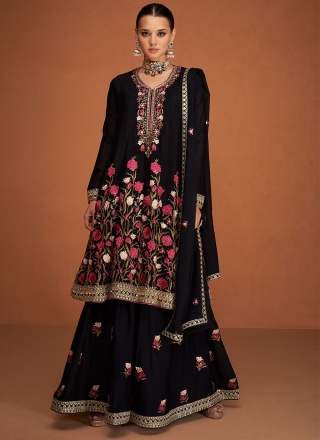 Chinon Embroidered Palazzo Salwar Suit in Black