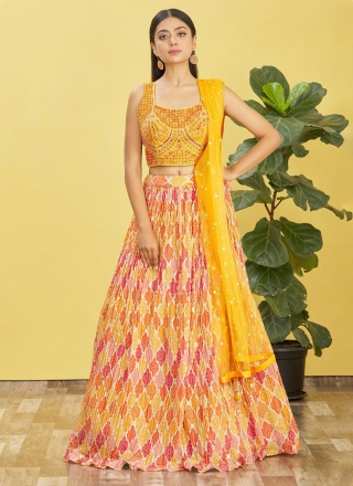 Chinon Orange Digital Print A Line Lehenga Choli