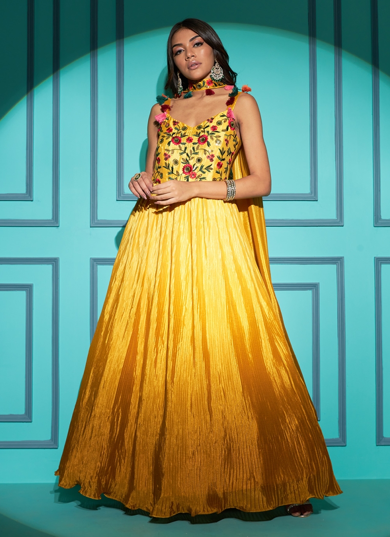 Chinon Thread Work Readymade Gown in Yellow