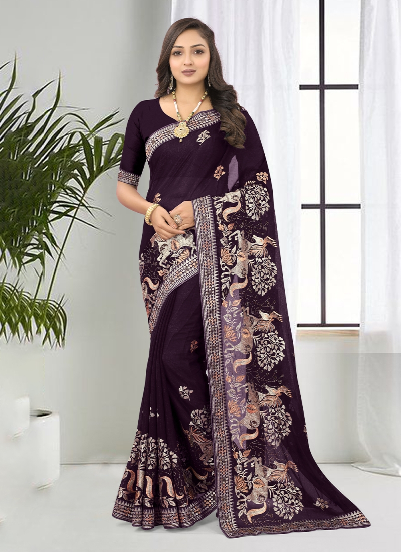 Classic Designer Saree Embroidered Shimmer in Purple