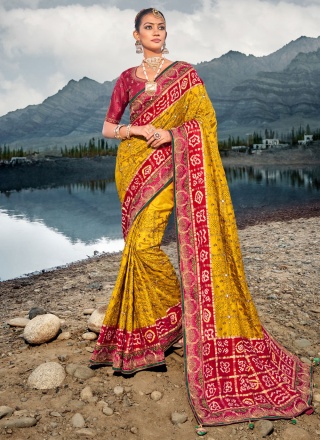 Classic Saree Bandhej Satin in Mustard and Red