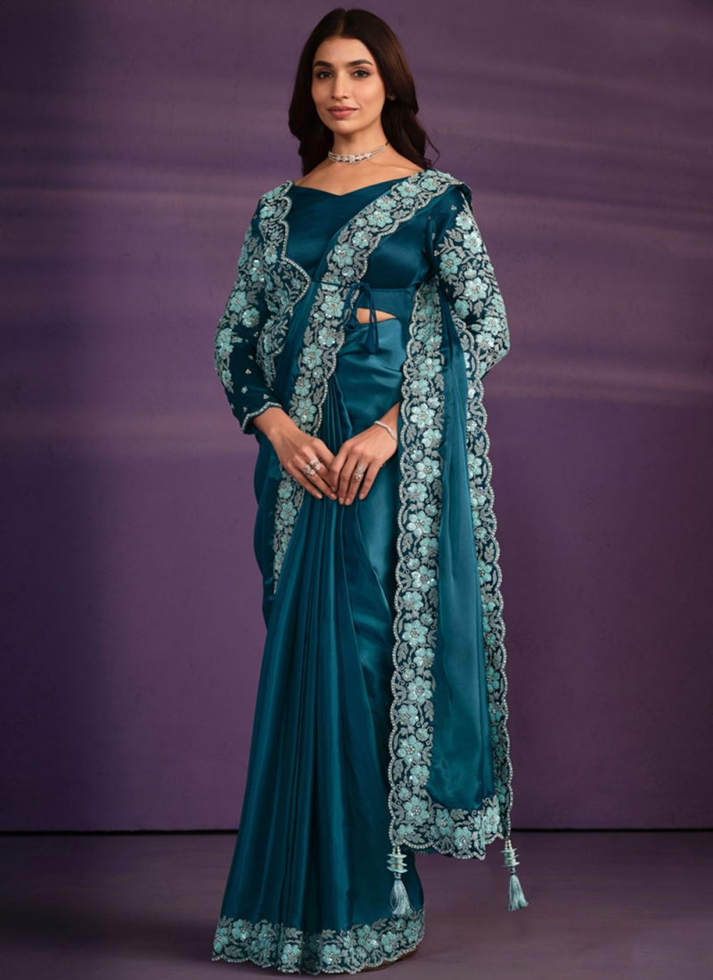 Classic Saree Embroidered Crepe Silk in Blue