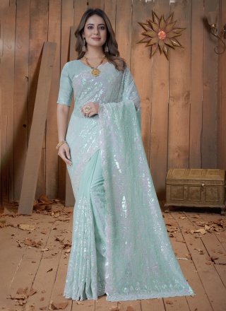 Classic Saree Embroidered Georgette in Turquoise