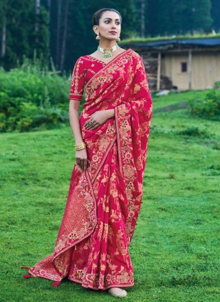 Classic Saree Embroidered Silk in Rani