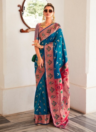 Classic Saree Jacquard Work Silk in Aqua Blue