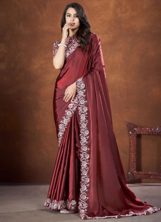 Classic Saree Stone Work Satin in Maroon