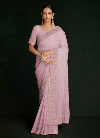 Classical Lucknowi work Georgette Pink Classic Saree