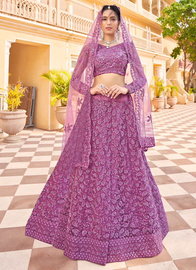 Classy Embroidered Purple Net Lehenga Choli