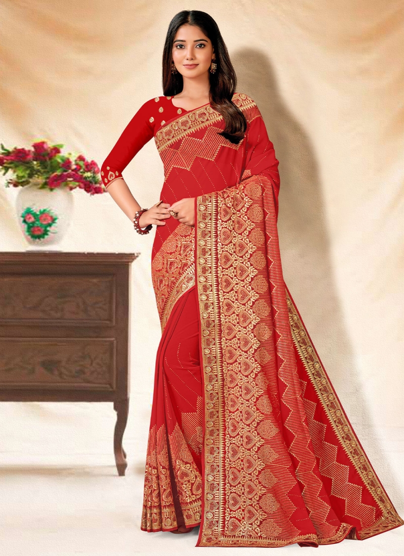 Classy Georgette Embroidered Red Trendy Saree