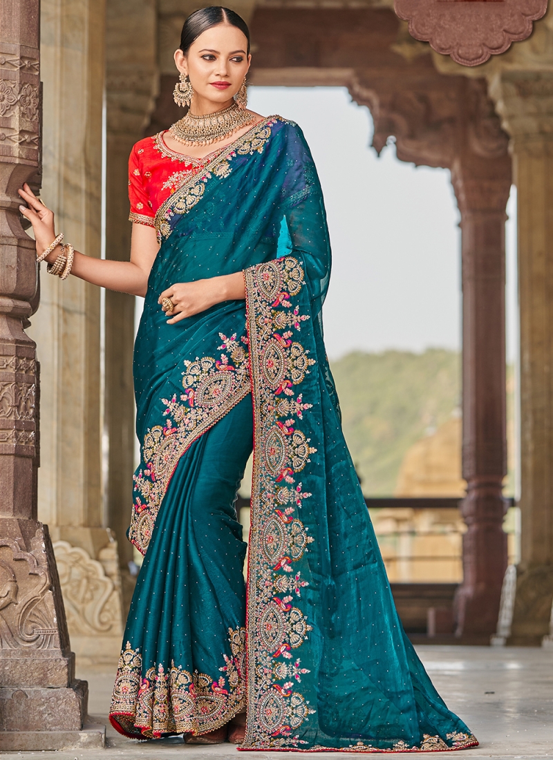 Classy Teal Embroidered Satin Trendy Saree