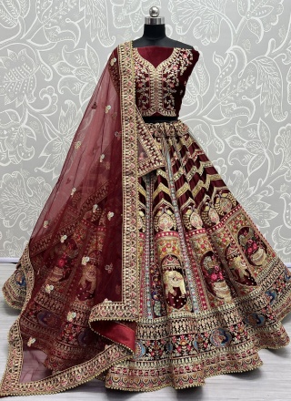 Classy Thread Work Velvet Maroon Lehenga Choli