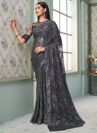 Compelling Sequins Grey Saree