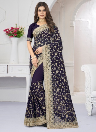 Conspicuous Embroidered Purple Georgette Classic Designer Saree