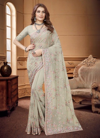 Conspicuous Sea Green Embroidered Georgette Classic Saree