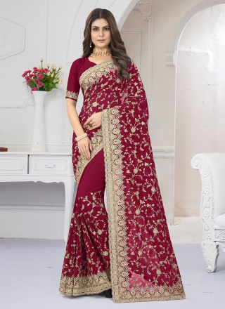 Contemporary Saree Embroidered Georgette in Maroon