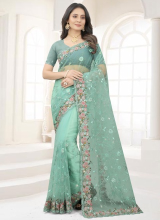 Contemporary Saree Embroidered Net in Sea Green