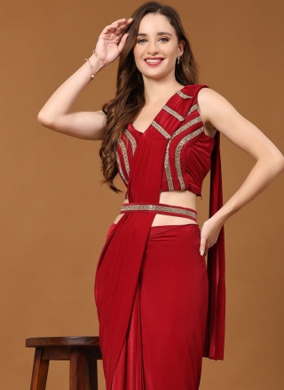 Contemporary Saree Plain Imported in Red