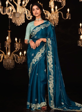 Contemporary Saree Sequins Fancy Fabric in Teal