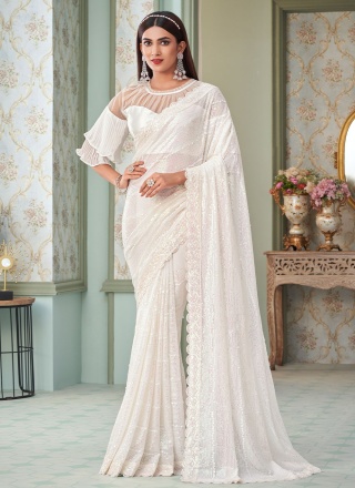 Contemporary Style Saree Sequins Georgette in White