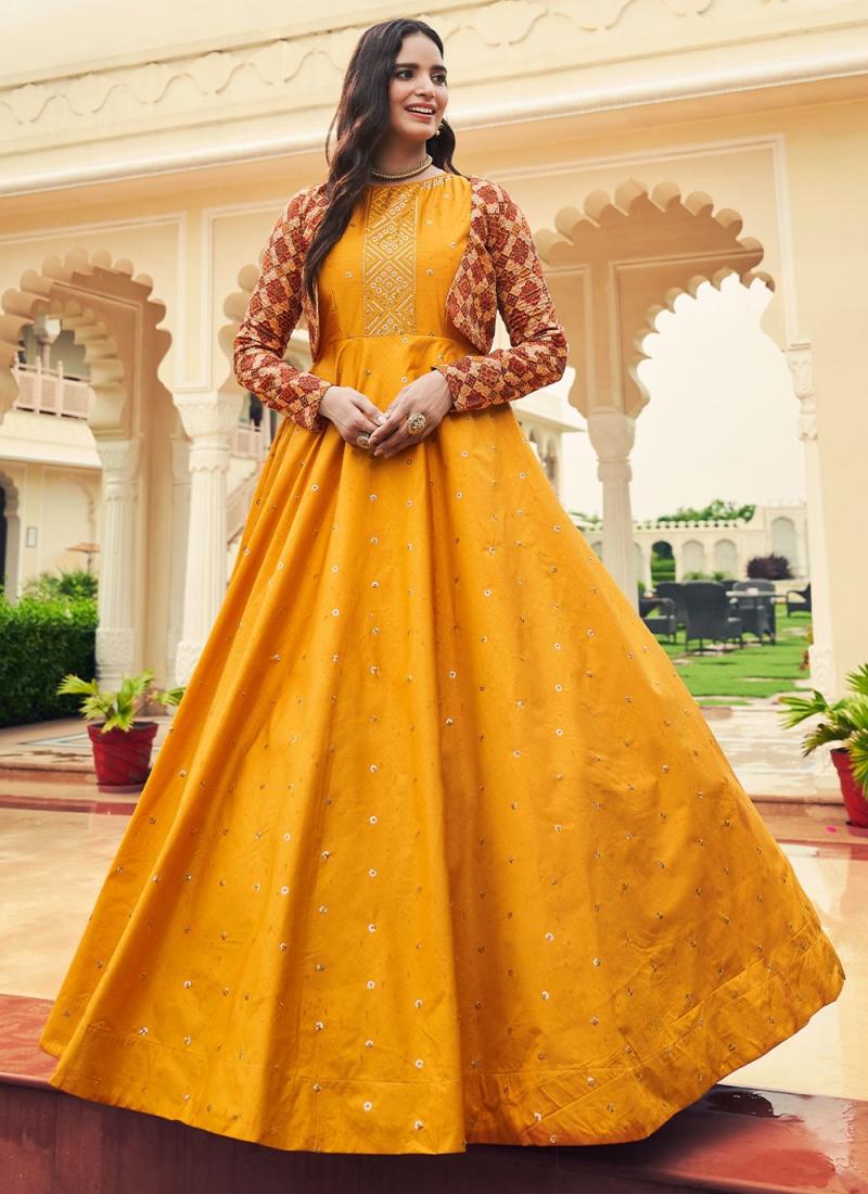Cotton Mustard Embroidered Trendy Gown