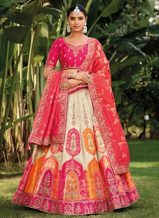 Cream and Pink Banarasi Silk A Line Lehenga Choli