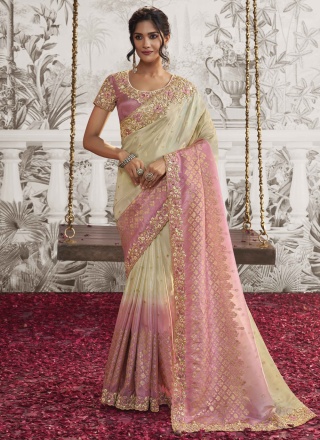 Cream and Pink Embroidered Reception Designer Saree