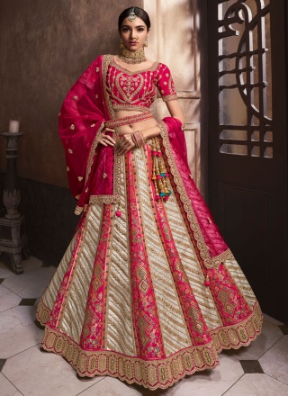 Cream and Pink Wedding A Line Lehenga Choli