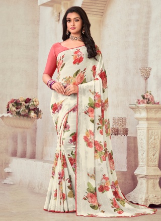 Cream Party Georgette Contemporary Saree