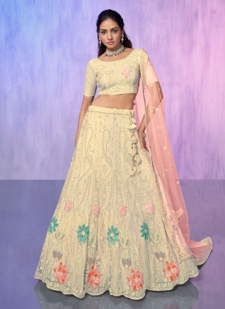 Cream Resham Net Designer Lehenga Choli