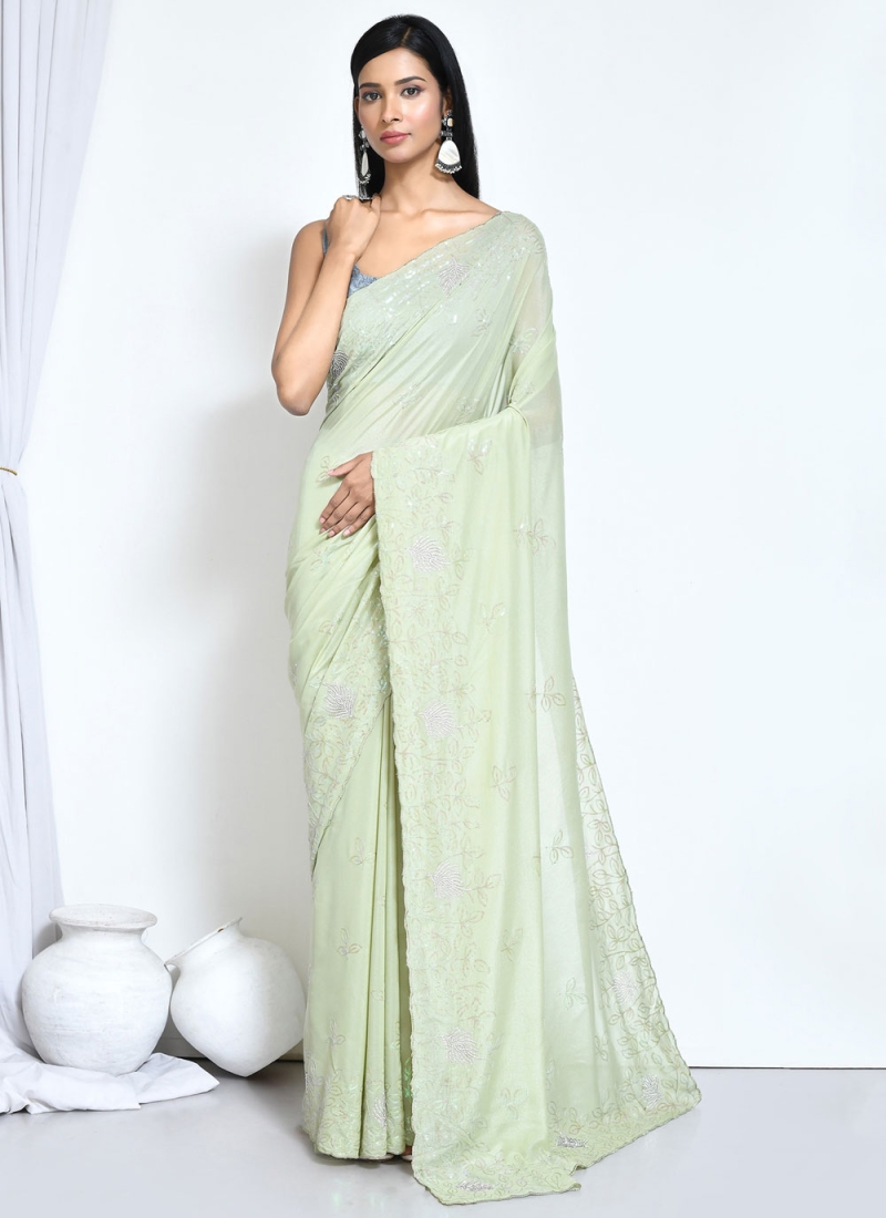 Crepe Silk Green Embroidered Saree