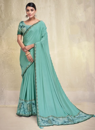 Crepe Silk Plain Contemporary Style Saree in Aqua Blue