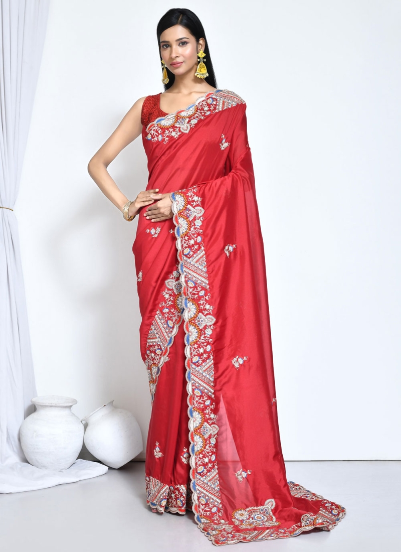 Crepe Silk Red Embroidered Classic Saree