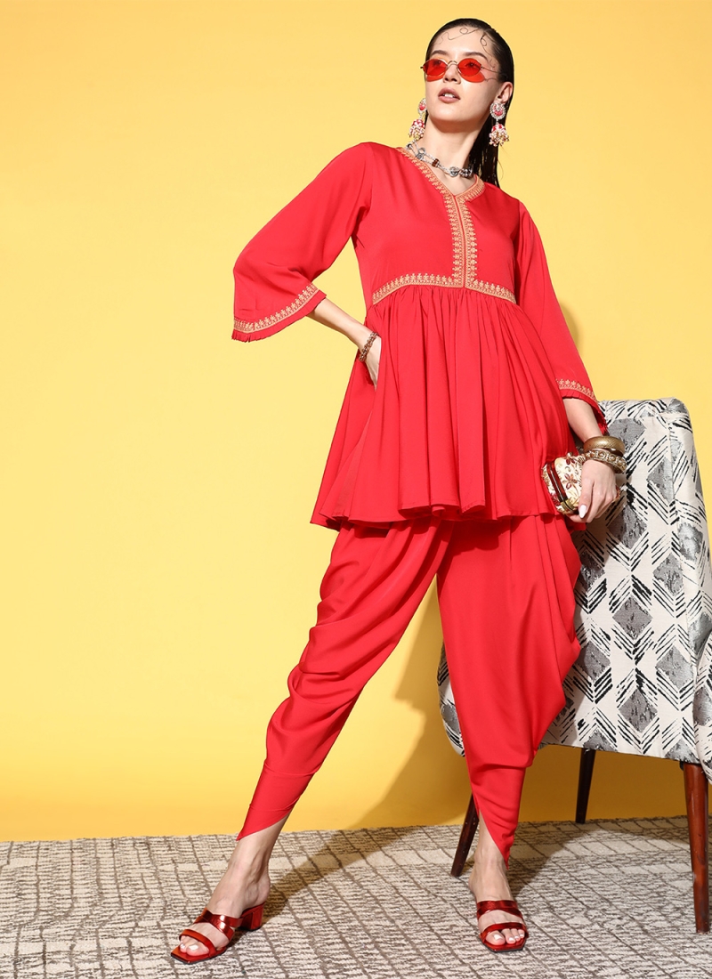 Stupendous Red Color Crape Printed Work Party Wear Plazo Kurti – Saree Suit