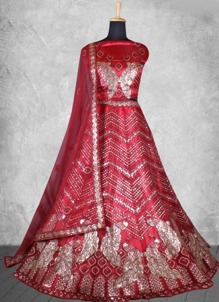 Crimson Satin Silk Lehenga Choli