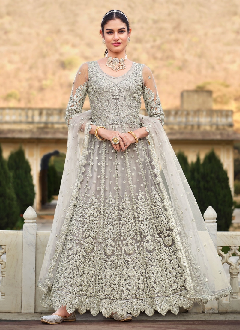 Customary Net Grey Embroidered Trendy Anarkali Salwar Kameez