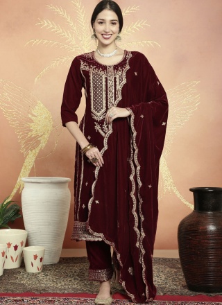 Customary Velvet Maroon Embroidered Pant Style Sui