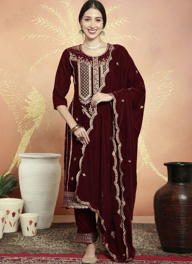 Customary Velvet Maroon Embroidered Pant Style Suit