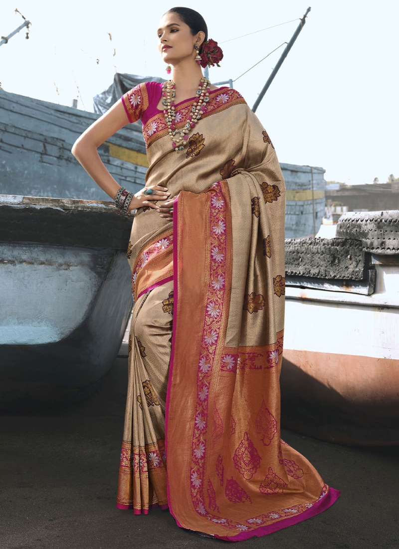 Cute Beige Weaving Silk Contemporary Style Saree